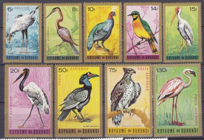 DB1 Fauna Pasari Burundi 1965 Posta Aeriana 9 v. MNH foto