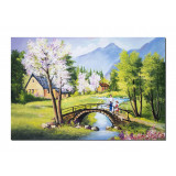 Tablouri peisaj de primavara pictat manual, Plaiuri mioritice, 120x80cm ulei pe panza, gata de expus pe perete