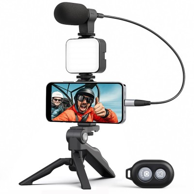 Kit Vlogging Profesional Linomag&amp;reg; pentru filmari video Youtube, TikTok, Telecomanda bluetooth, Trepied pliabil tip pistol, Lampa LED, Microfon, Compat foto