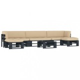 Set mobilier paleti cu perne, 6 piese, negru, lemn pin tratat