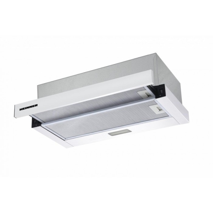 Hota incorporabila telescopica Heinner, 358.4 m3/h, 1 motor, lumina LED 1 x 2 W, 2 filtre aluminiu, inox, 595 x 225 x 300 mm, Alb