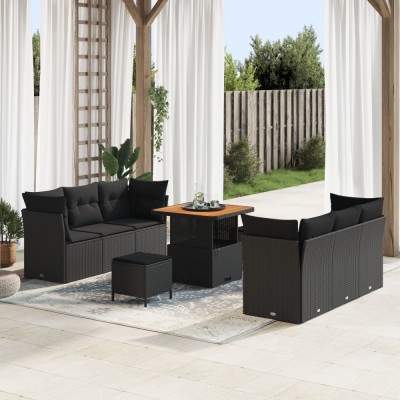 Set de canapea de gradina Gossi cu 9 piese cu perne negre poliratan acacia, set de dining de gradina Gossi cu 3 piese cu perne negre poliratan acacia foto