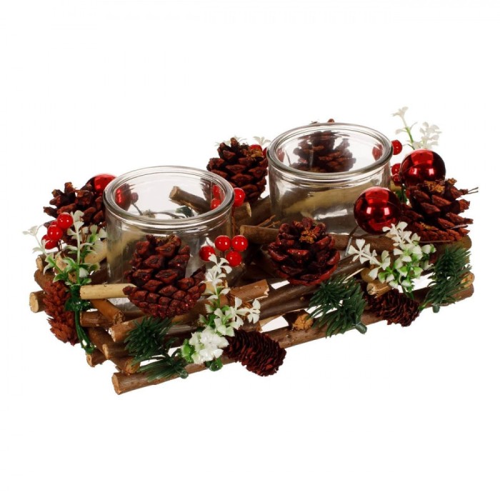 Suport Decorativ Dublu pentru Lumanari Pastila de Craciun Shopiens&reg; cu Lemne, Conuri si Globuri, 25 x 19 x 11 cm
