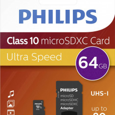 Card Memorie Micro Sdxc, Cu Adaptor Sd, Clasa 10, Philips - 64gb