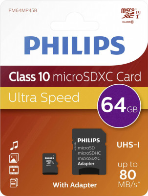Card Memorie Micro Sdxc, Cu Adaptor Sd, Clasa 10, Philips - 64gb foto