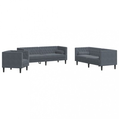 Set canapele Chesterfield cu perne rulou, 3 piese, gri, catifea foto