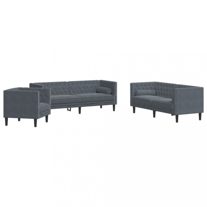 Set canapele Chesterfield cu perne rulou, 3 piese, gri, catifea