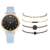 Cumpara ieftin Set Ceas Dama Albastru Geneva cu 4 Bratari, Curea Piele, Elegant, Quartz, Cadran Negru, 38mm