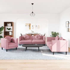 Set canapea cu perne, 3 piese, roz, catifea foto