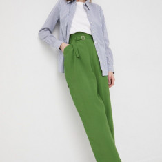 Sisley pantaloni femei, culoarea verde, drept, high waist