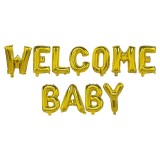 Set baloane din folie metalizata, flippy, model welcome baby, litere de 40 cm, baloane party, ambalaj individual, pai, ata si adeziv incluse, umflare