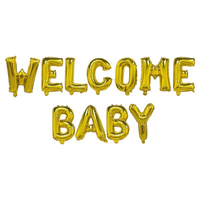 Set baloane din folie metalizata, flippy, model welcome baby, litere de 40 cm, baloane party, ambalaj individual, pai, ata si adeziv incluse, umflare