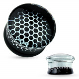 Plug transparent pentru ureche, realizat din sticlă, model fagure de miere negru cu alb - Lățime: 8 mm