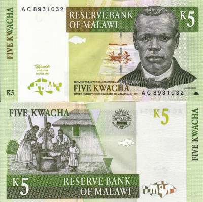 MALAWI 5 kwacha 1997 UNC!!! foto