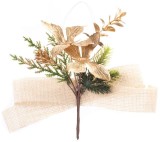 Crenguta decorativa de Craciun MagicHome aurie cu flori si funda din iuta, 19 cm