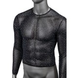 Bluză sexy bărbați CALEXOTICS Radiance Long Sleeve Shirt, design din plasă cu strasuri, negru, mărime universală (20-3)