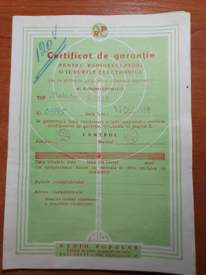 certificat de garantie radioreceptori si tuburile electronice -tip BALADA 1952 foto