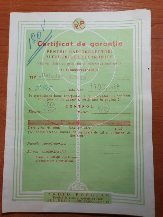 certificat de garantie radioreceptori si tuburile electronice -tip BALADA 1952