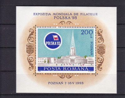 ROMANIA 1993 LP 1313 EXPOZITIA MONDIALA DE FILATELIE POLSKA 93 COLITA MNH foto