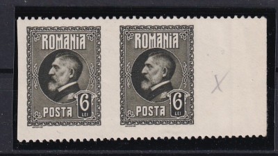 ROMANIA - 1926 FERDINAND A 60a ANIVERSARE - EROARE IN PERECHE 6 LEI NEDANTELAT VERTICAL MLH SARNIERA USOARA foto