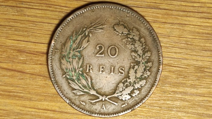 Portugalia - moneda de colectie bronz - 20 reis 1891 A - Carlos I - mai rara !