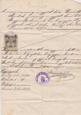 Document juridic manuscris original 1901 Top&amp;aacute;nfalva C&amp;acirc;mpeni Alba Ștampilă MAGYAR KIR&amp;Aacute;LYI, timbru fiscal 1 Korona, Transilvania Austro-Ungară foto