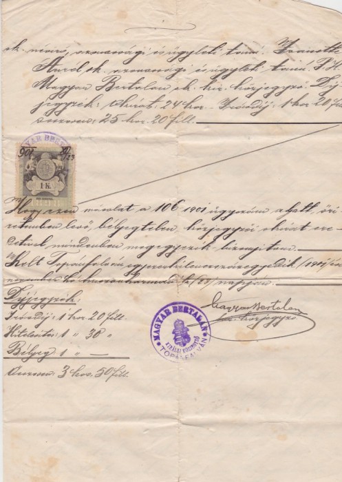 Document juridic manuscris original 1901 Top&aacute;nfalva C&acirc;mpeni Alba Ștampilă MAGYAR KIR&Aacute;LYI, timbru fiscal 1 Korona, Transilvania Austro-Ungară