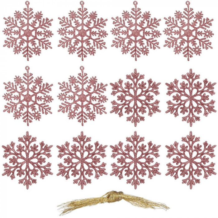 Set 12 decoratiuni pentru brad tip fulg de zapada, 10 cm, cu snur, roz
