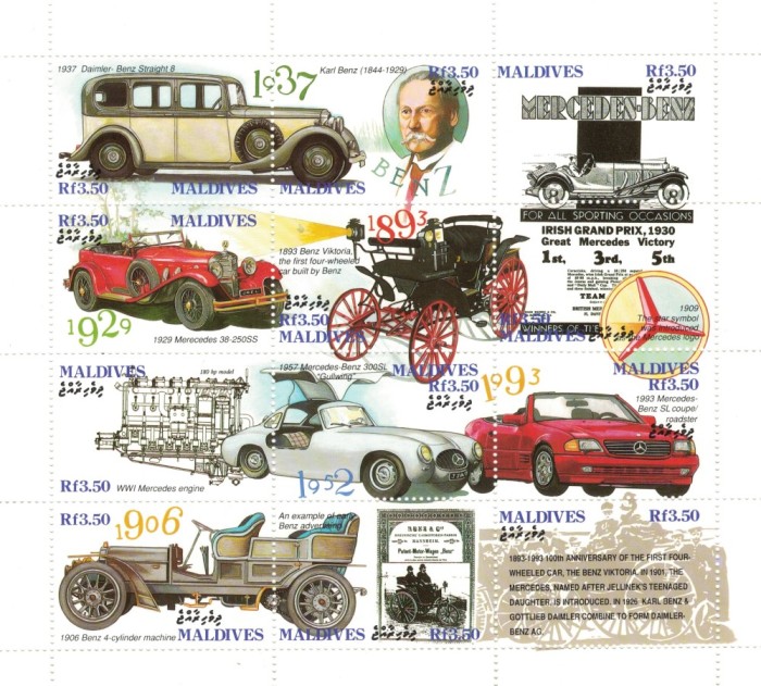 MALDIVE 1993 - Automobile Mercedes, aniversare 100 de ani /colita MNH