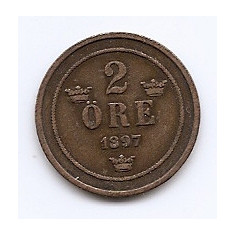 Suedia 2 Ore 1897 - Oscar II (litere mari) Bronz, 21 mm KM-746