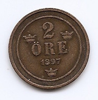 Suedia 2 Ore 1897 - Oscar II (litere mari) Bronz, 21 mm KM-746 foto