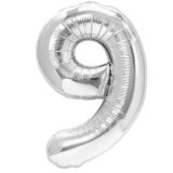 Balon din Folie Metalizata, Figurina Cifra, Tema Aniversare 80 cm, Ambalaj Individual, Pai inclus, Umflare cu Aer sau Heliu, Argintiu, Cifra 9