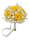 Buchet flori criogenate cu trandafiri, hortensie, plante stabilizate delicate, alb-galben, ideal pentru nunta sau cadou