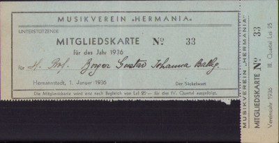 HST A1887 Carte membru Musikverein Hermania Sibiu 1936 foto