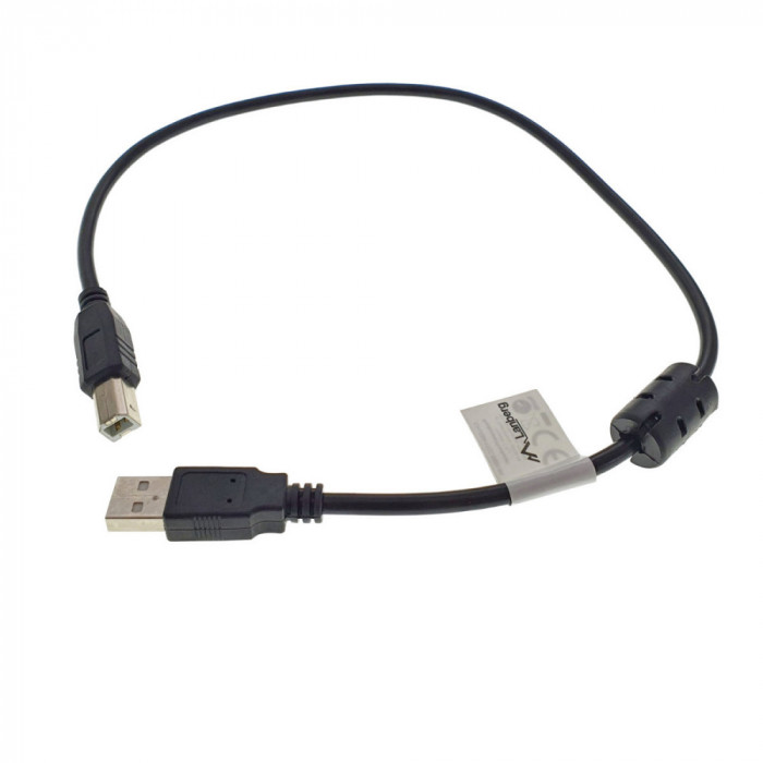 Cablu USB 2.0 pentru imprimanta, Lanberg 42865, lungime 50cm, cu miez de ferita, USB-A tata la USB-B tata, negru