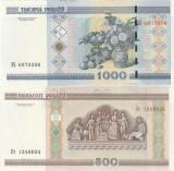 Set 2 Bancnote Belarus 500 &amp; 1000 Rubles 2000, P-27, P-28 UNC