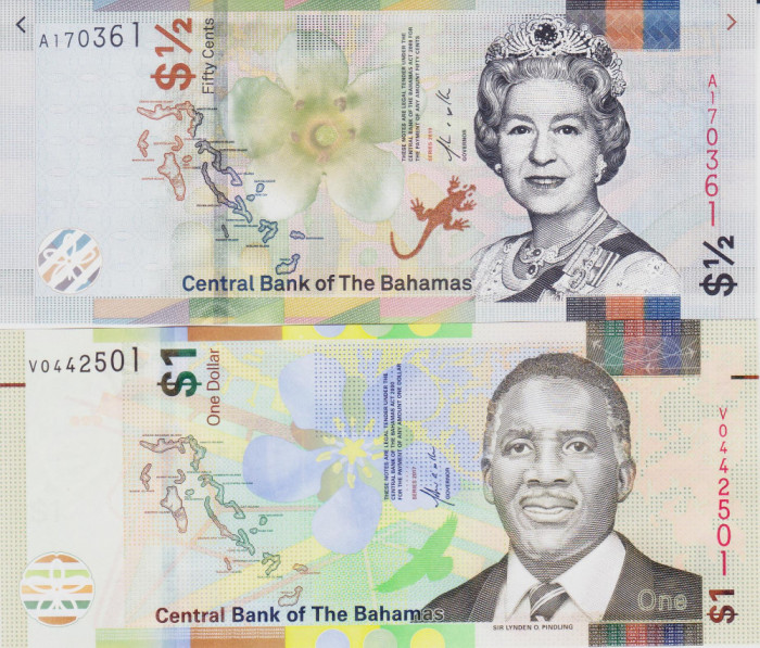 Bancnota Bahamas 1/2 si 1 Dolar 2017/19 - PNew UNC ( set x2 - vezi descriere )