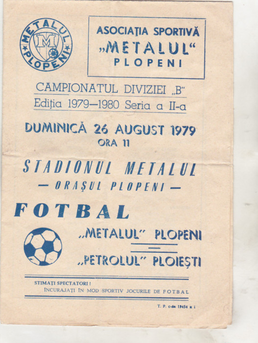 bnk div Program meci Metalul Plopeni- FC Petrolul Ploiesti - 1979