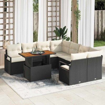 vidaXL Set de sofa de grădină cu pernă 9 pcs Negru și Crem Mare foto