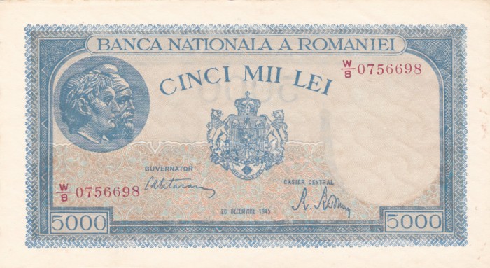Bancnote Rom&acirc;nia - 5000 lei 1945 decembrie - seria O756698 filigran vertical
