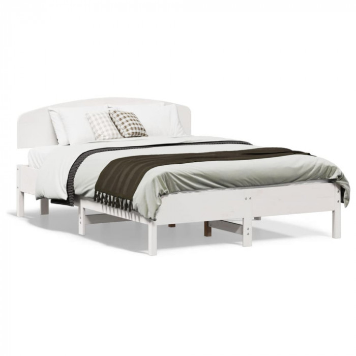 Cadru de pat cu tablie, alb, 135x190 cm, lemn masiv de pin GartenMobel Dekor