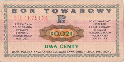 POLONIA $0,02 CENTS BON TOWAROWY 1969 VF foto