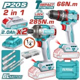 TOTAL - KIT COMBO 20V 2.0A.h- MASINA DE GAURIT CU IMPACT, MASINA DE INSURUBAT CU IMPACT (INCLUDE 2 PowerTool TopQuality