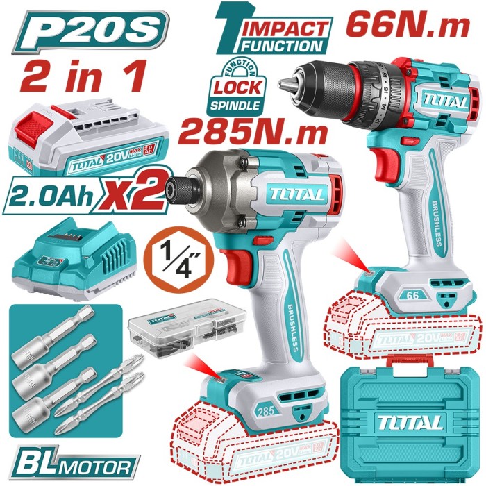TOTAL - KIT COMBO 20V 2.0A.h- MASINA DE GAURIT CU IMPACT, MASINA DE INSURUBAT CU IMPACT (INCLUDE 2 PowerTool TopQuality