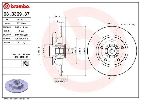 BREMBO 08.B369.37 PRIME LINE - With Bearing Kit Disc frana
