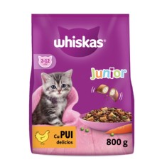 Hrana uscata pentru pisici, Whiskas Junior, junior, carne de pui, 800g