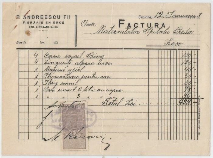 Romania, P. Andreescu Fii, Fierarie en gros, Factura, Craiova, 1928