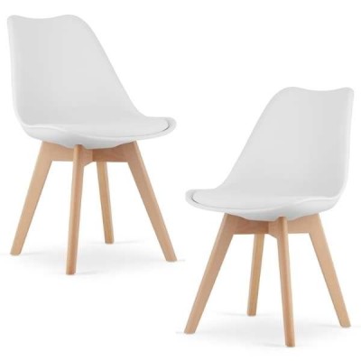 Set 2 Scaune Grosseto, Stil Scandinav cu Picioare din Lemn, Sezut din PP si Perna din Piele Ecologica, Maxim 120 Kg, 49 x 45 x 82 cm, Alb foto