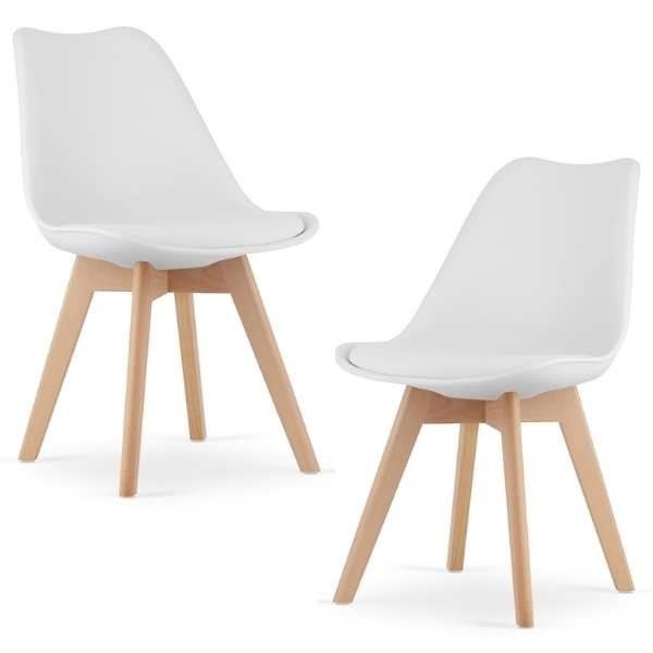 Set 2 Scaune Grosseto, Stil Scandinav cu Picioare din Lemn, Sezut din PP si Perna din Piele Ecologica, Maxim 120 Kg, 49 x 45 x 82 cm, Alb