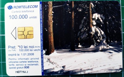 Cartelă telefonică Romtelecom Peisaj hibernal munți 100.000 lei 10 lei noi 100.000 unități NEFNWJ exp. 01.01.2008 anotimpuri iarna brazi &amp;icirc;nzăpeziți foto